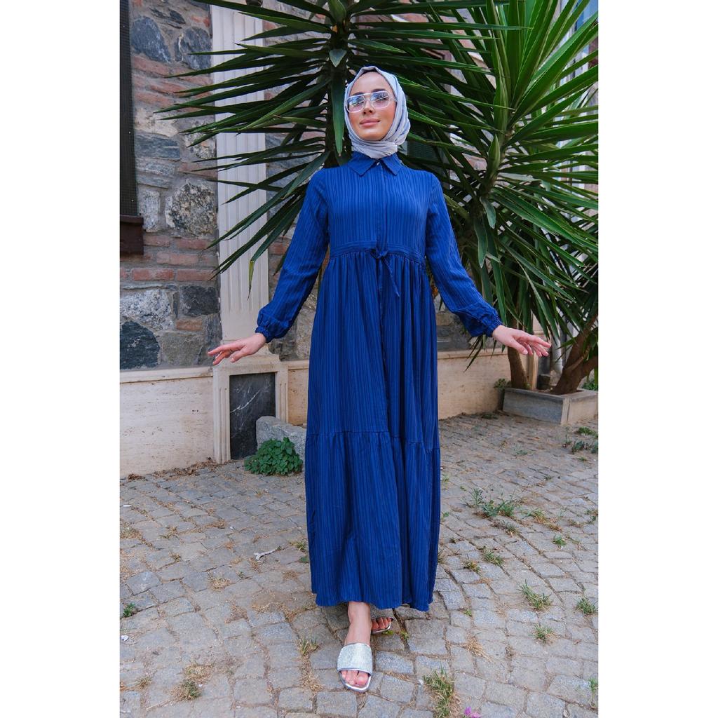 Waist Gathered Dress Navy Blue