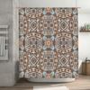 Modern geometric bathroom shower curtain with blue accents for a stylish update in your home's decor.