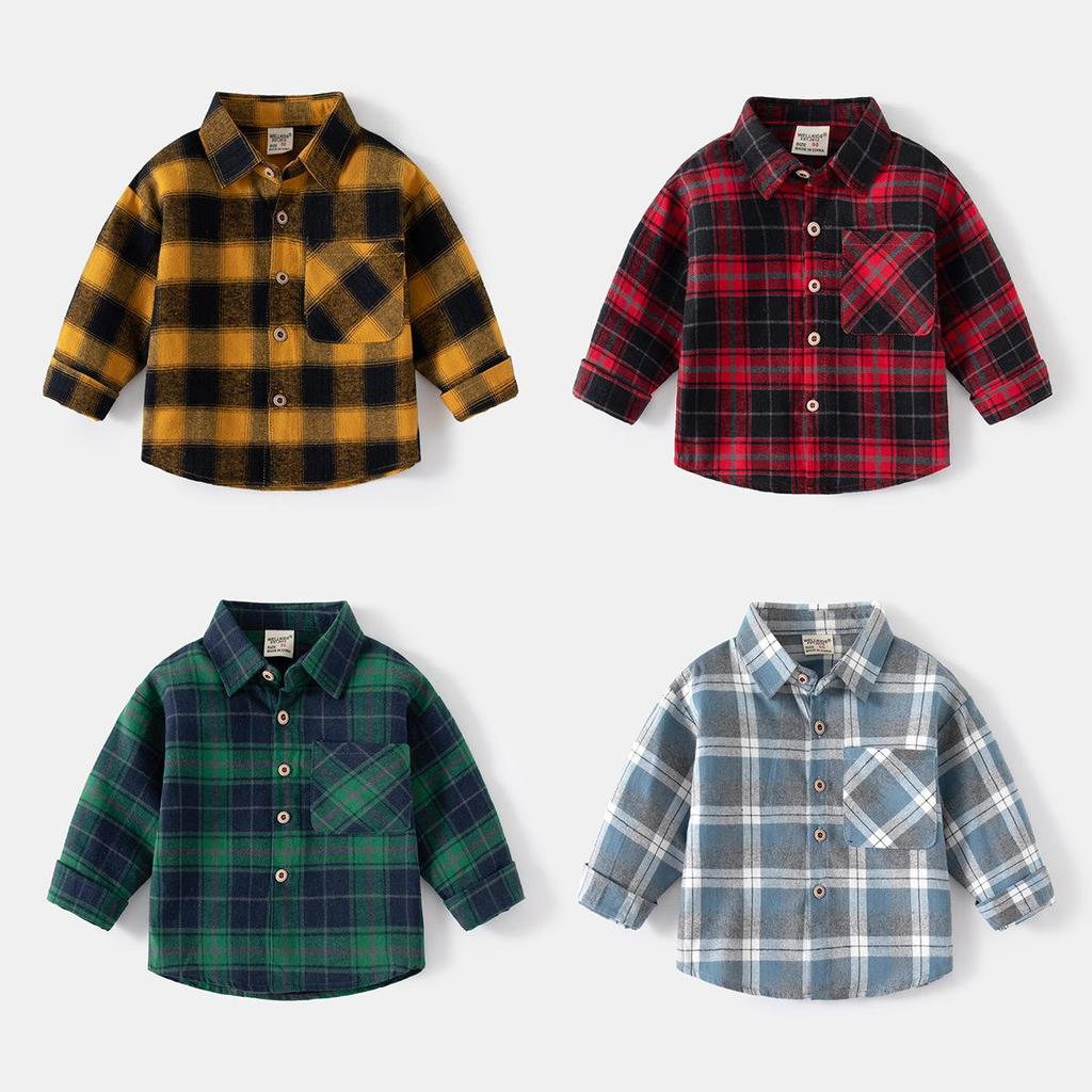 New Childrens Plaid Long-sleeved Shirt Spring Lapel Comfortable Cotton Shirt Korean Handsome Boy Shirt