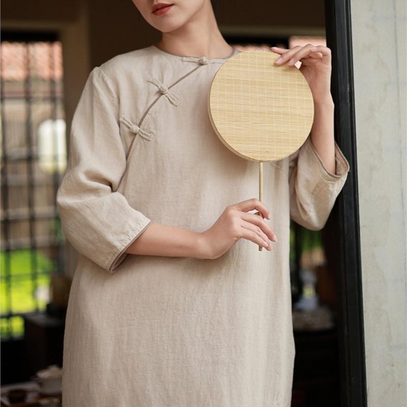 Johnature Женские платья в китайском стиле с круглым вырезом и девятью рукавами, однотонные, весенние, на пуговицах, винтажные, свободные, А-силуэта