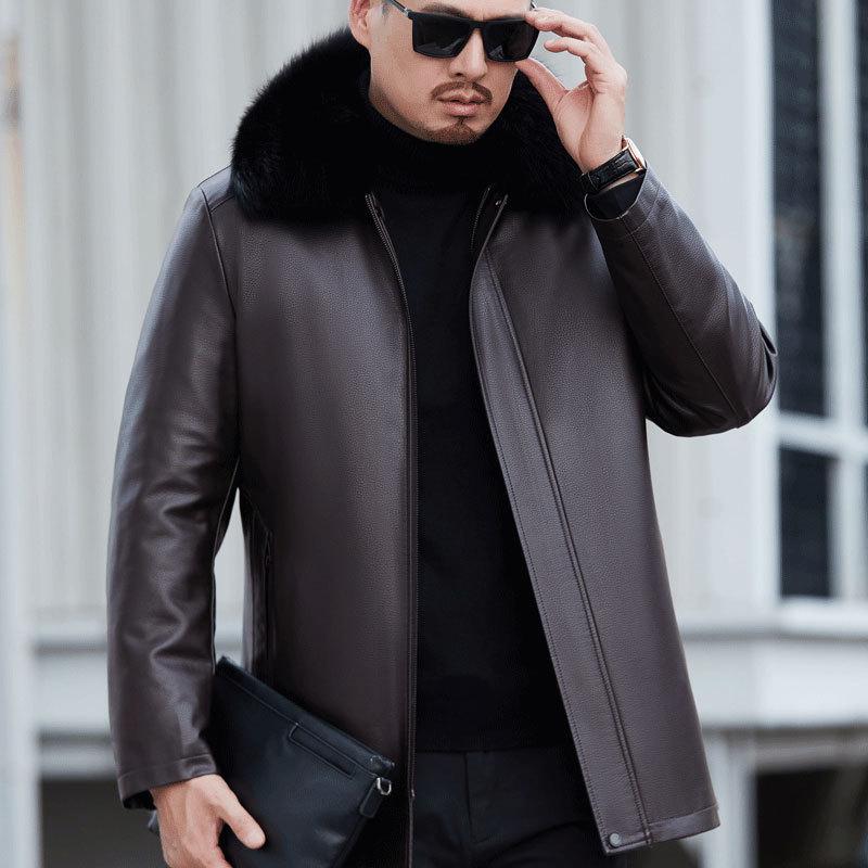 Зимняя одежда Средняя и старая кожаная куртка из натуральной кожи Мужская овчина из натуральной кожи с меховым воротником Мужская средняя и длинная куртка-пуховик Меховая куртка