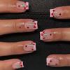 24pcs/set Glossy Pinkish French Press On Nails Short With Red Cherry Design Glue On Nails Glitter Red Rhinestones Short Square Fake Nails