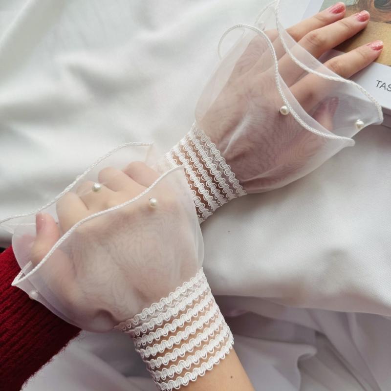 Элегантные кружевные нарукавники Дышащие сетчатые перчатки Жемчуг Бусины Многослойные накладные рукава Для женщин Модные аксессуары к свитеру