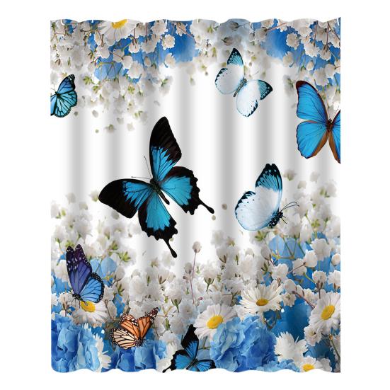 Floral Shower Curtain Spring Farmhouse Bathroom Curtain Waterproof Flowers Butterflies Leaves Bath Curtain with Hooks for Home Shower Bathtub