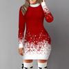 2024 Women Fall Winter Dress Snowflake Print Gradient Color Matching Slim Fit Sheath Thick Warm Long Sleeve Round Neck Lady New Year Party Mini Dress