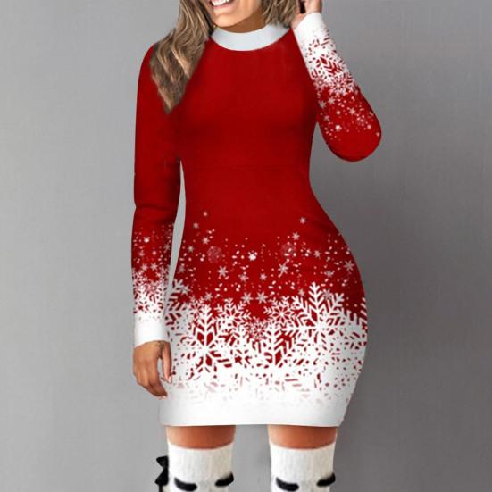 2024 Women Fall Winter Dress Snowflake Print Gradient Color Matching Slim Fit Sheath Thick Warm Long Sleeve Round Neck Lady New Year Party Mini Dress