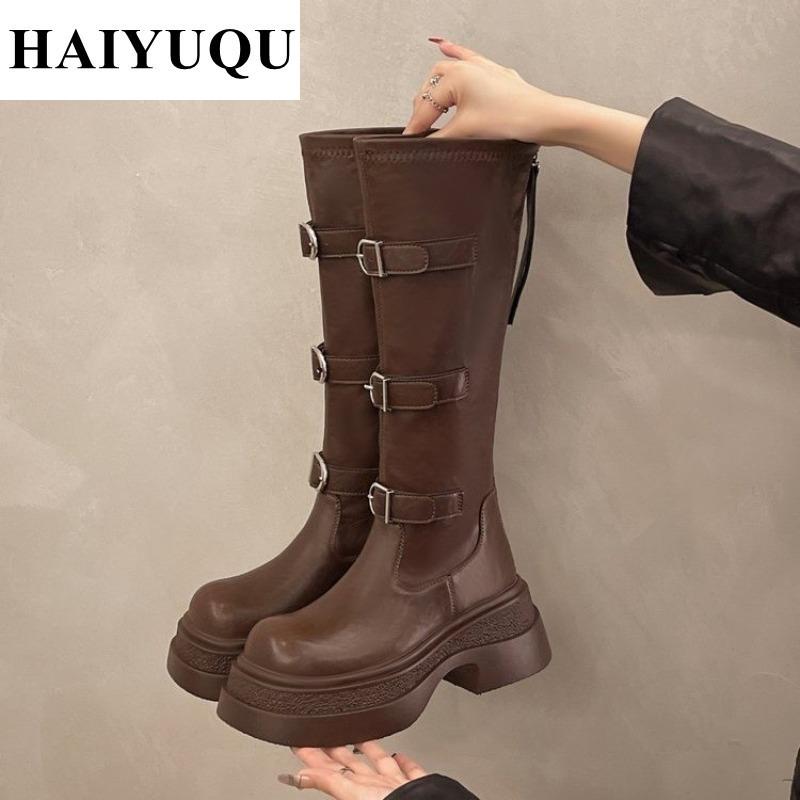 Platform Flats Women Knee High Boots Leather Shoes Luxury Brand  Winter New Fashion Chelsea Boots Motorcycle Zip Botas Mujer