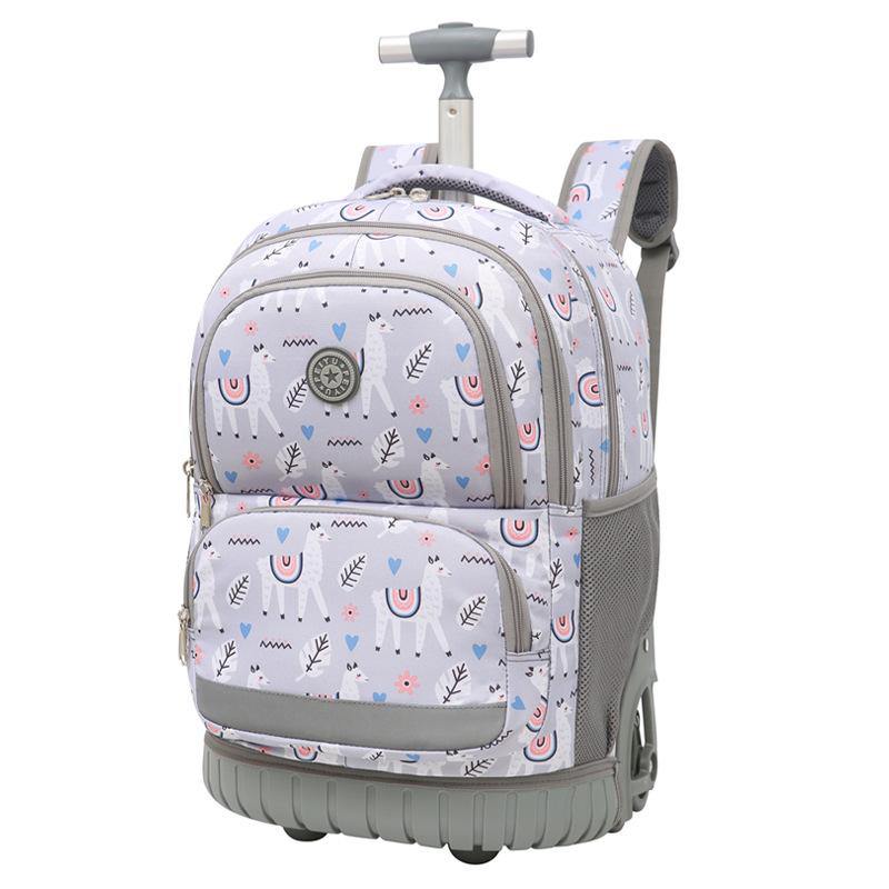 Школьники переносят и тянут ранцы на тележке двойного назначения с колесами, на которых можно подниматься по лестнице.