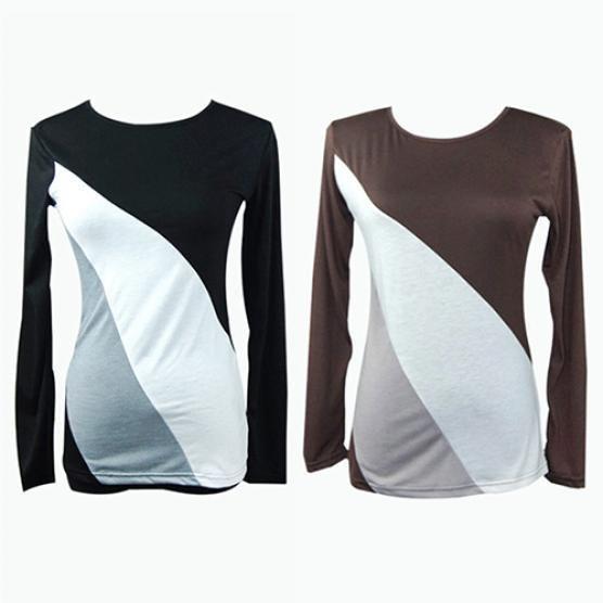 Korean Fashion Women Style Autumn Slim Fit Color Block Blouse Long Sleeve Shirt