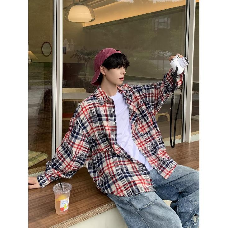 2024 Клетчатая рубашка с длинным рукавом в японском стиле Гонконга Ins Свободная рубашка для мальчиков Летнее модное универсальное повседневное пальто