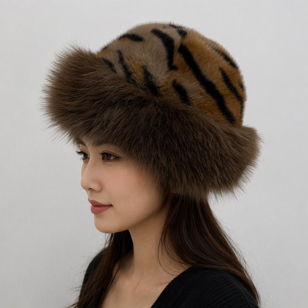 New tiger pattern plush hat, high-end warm autumn and winter thickened fashion leopard pattern basin hat, plush versatile Mongolian hat