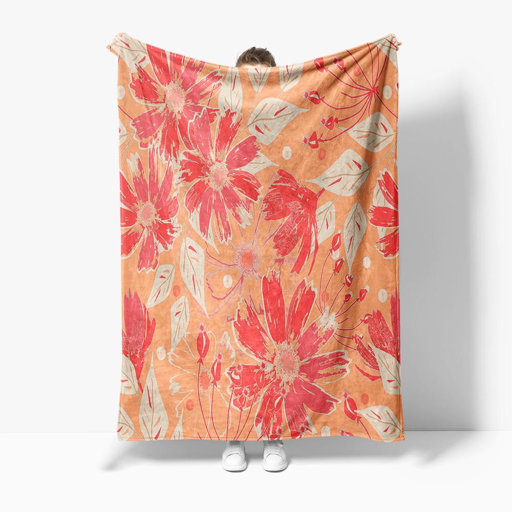 Soft Fleece Blanket Floral Print Throw Blanket Bed Blanket for Sofa Couch Decoration Gift Orange Pink Floral Pattern