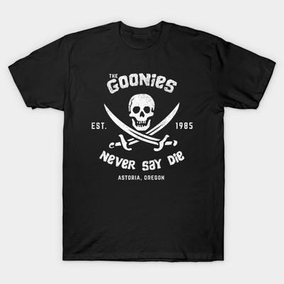 Мужская черная футболка с принтом The Goonies Never Say Die - Est. 1985 - Астория, Орегон Печать на футболке из хлопка с трансферной бумагой без вырезания