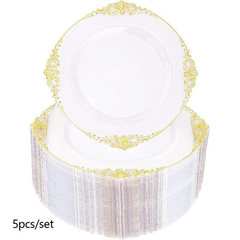 5 шт. золотые кружевные тарелки одноразовые свадебные дисковые с золотым ободком круглые обеденные тарелки тисненые позолоченные кружевные художественные узоры для дня рождения