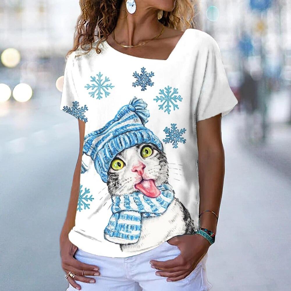 Fashion Cat T-Shirt Women's V Neck Tees Top Vintage Red Christmas Clothes Summer Chic Oversized Femele Clothing 2023 New Tee
