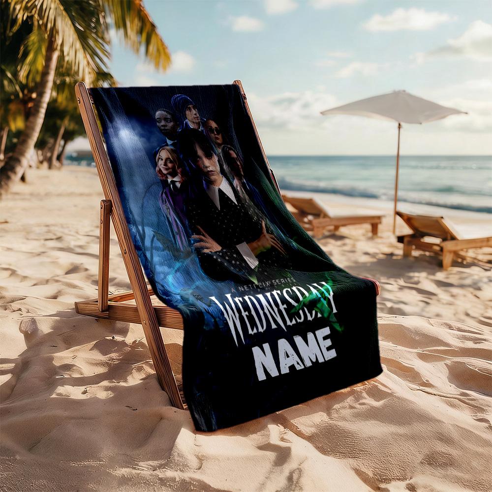 Wednesday's Enigmatic Journey Personalized Name Beach Towel Super Soft Microfiber Quickdry Fabric