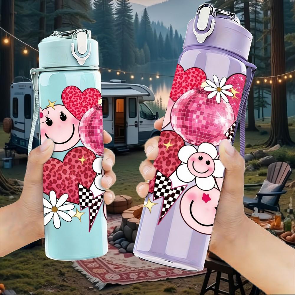 1PC Smiley Heart Bouquet Cartoon Print 750ml Color Plastic Sports Water Bottle Leakproof Flip Straw Lid Suitable for Sports Office Home Use