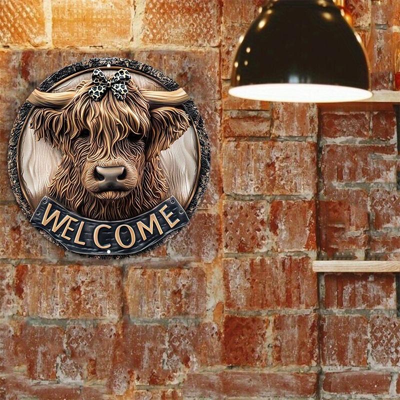 Wooden Door Hanger, Highland Cow Welcome Sign, Pre-drilled Weather Resistant, Wall Decor with HD Printing for Door, Wall, Home, Room, Farmhouse Street