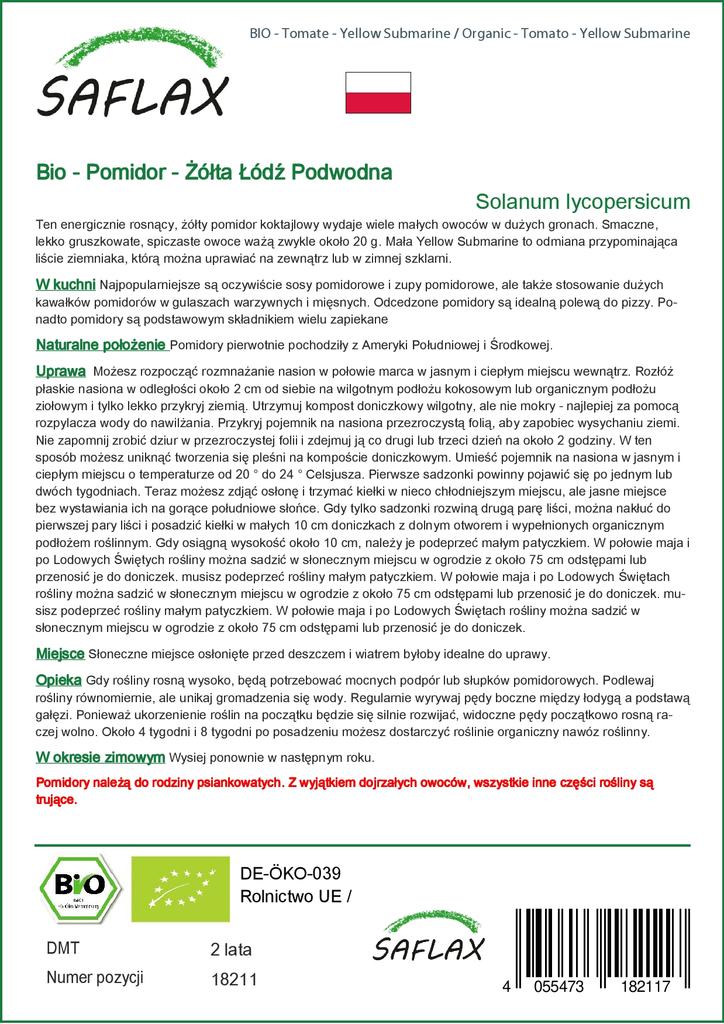 SAFLAX Сад в сумке - Органический - Помидор - Yellow Submarine - 10 семян - С субстратом в подходящем стоячем мешке - Solanum lycopersicum