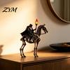Halloween Party Prop Lighted Headless Horseman Resin Figurine, Gothic Statue with LED Warm Glow, Hooded Creepy Night Light Ornament Rider on Skeleton