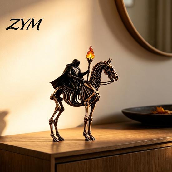 Halloween Party Prop Lighted Headless Horseman Resin Figurine, Gothic Statue with LED Warm Glow, Hooded Creepy Night Light Ornament Rider on Skeleton