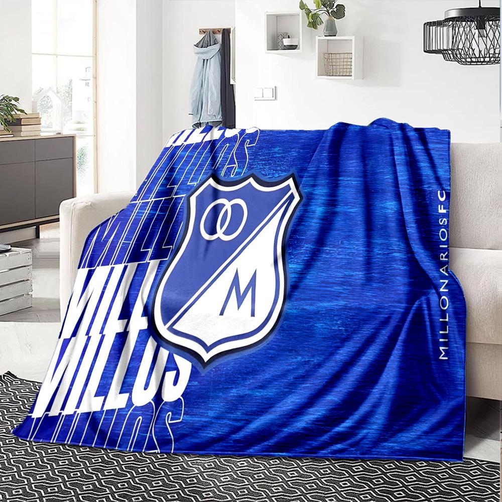 Blue And White Shield Millonarios Flannel Blanket, Soft Polyester, Modern Design, All-Season for Camping, Travel, Gifts for holidays or birthdays