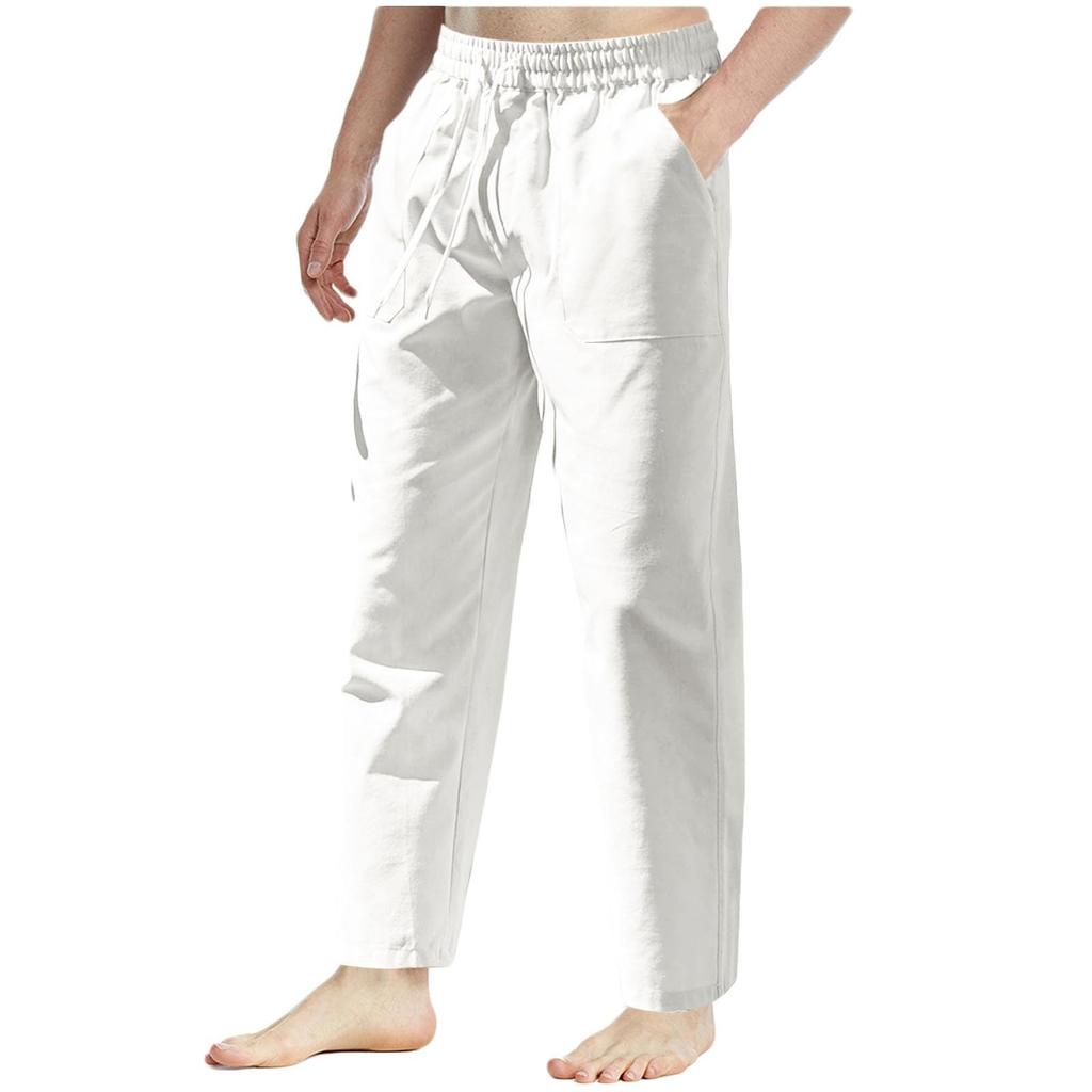 Повседневные брюки из хлопка и льна, мужские летние облегающие спортивные брюки с эластичным поясом и шнурком