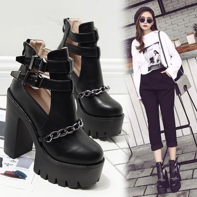 Сексуальные ботильоны, женские повседневные ботильоны на высоком каблуке с вырезами и пряжкой, обувь на платформе с круглым носком и цепочкой на толстом каблуке