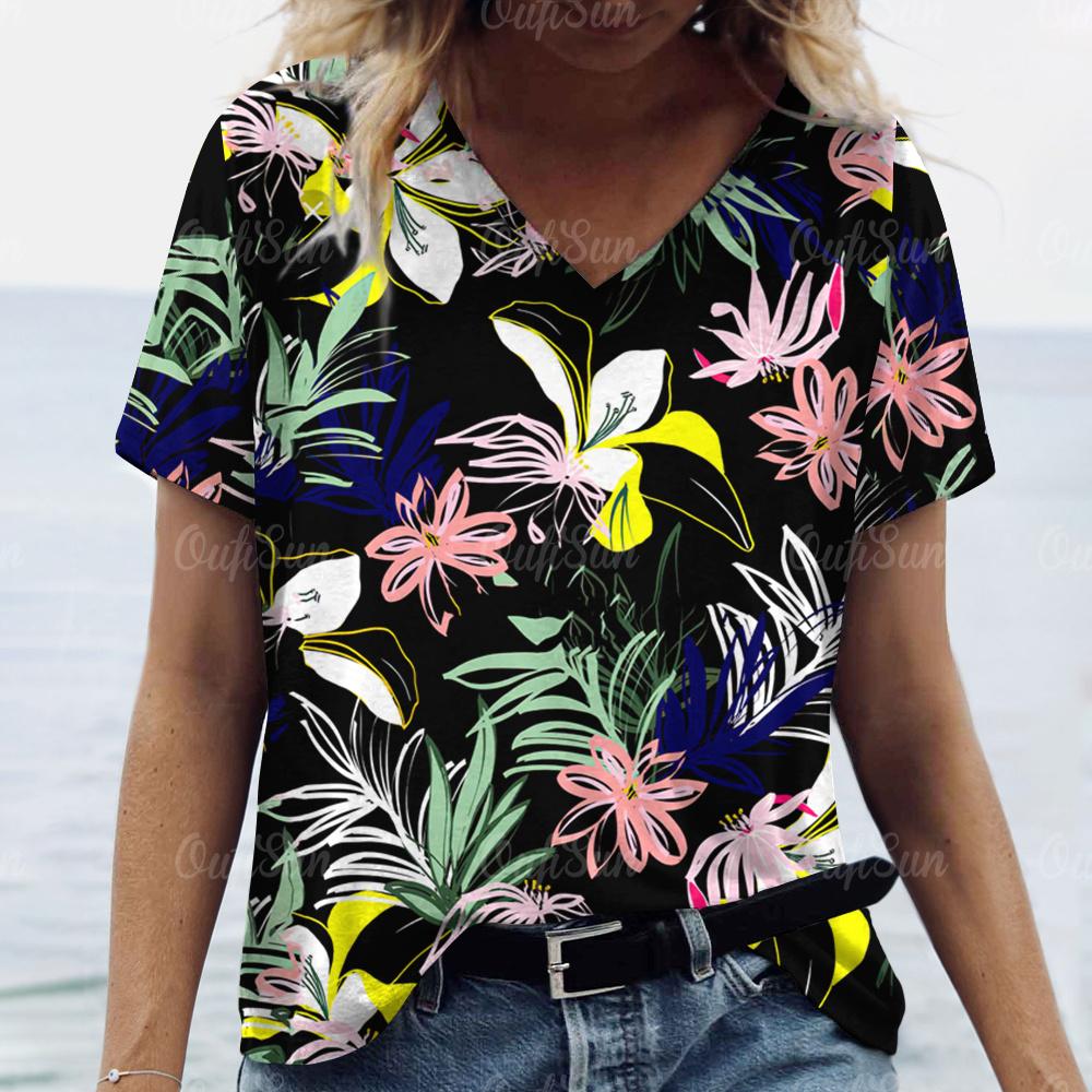 2024 Футболка для женщин Топы с цветочным принтом Женская свободная одежда Футболки Летние топы с V-образным вырезом Рубашка Футболки оригинального дизайна