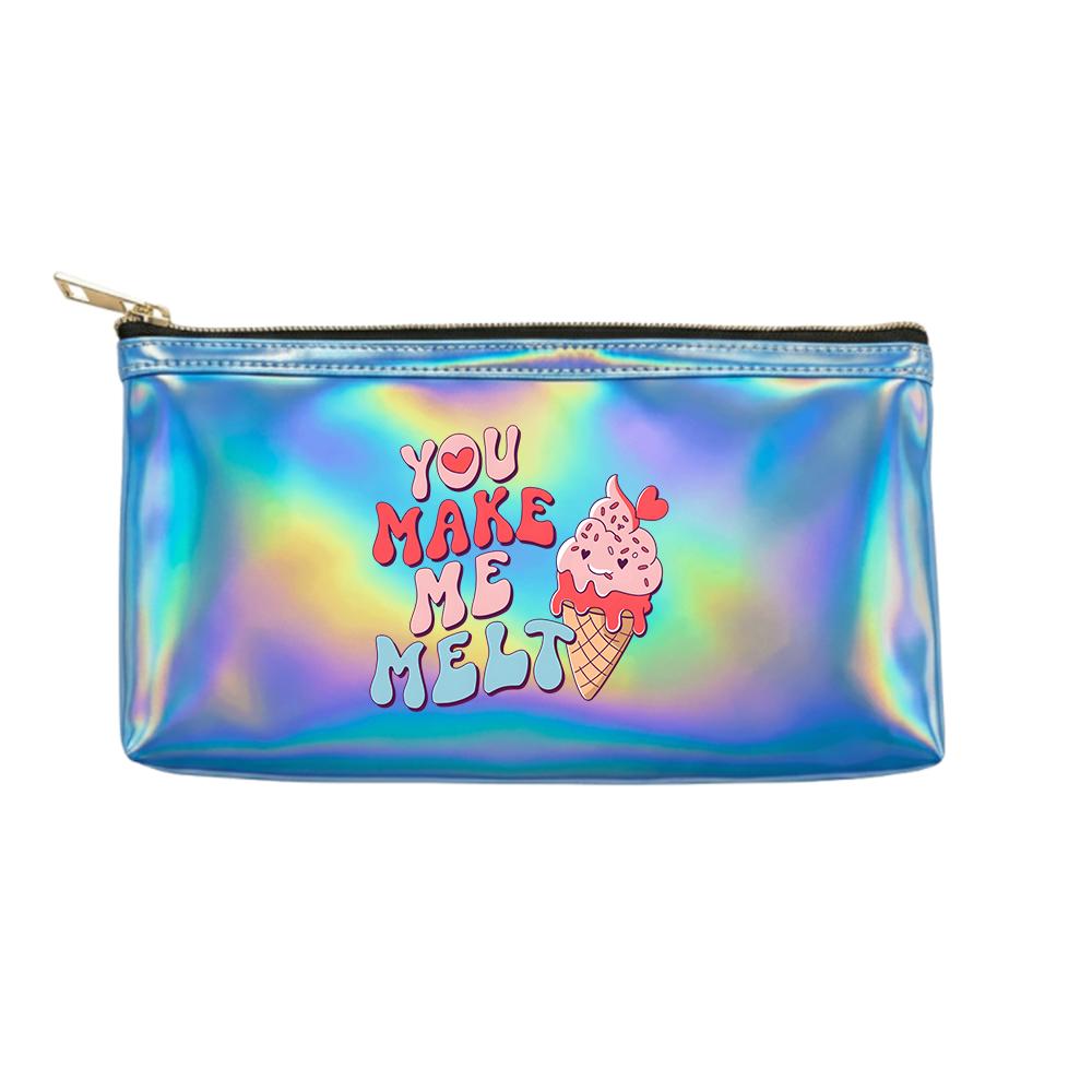 Cute Ice Cream Print Holographic Laser Cosmetic Makeup Bag,Travel Toiletry Pouch Organizer for Beauty Accessories Gift for Girls