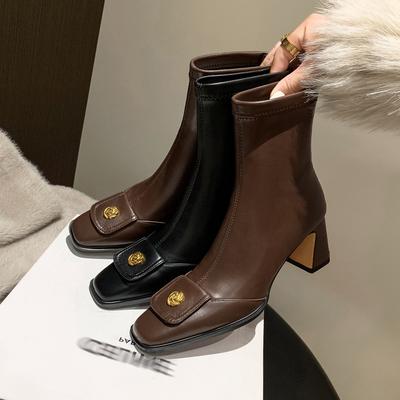 Французские ботильоны на каблуке Винтажные с квадратным носком Камелия Облегающие ботинки Женские одинарные ботинки