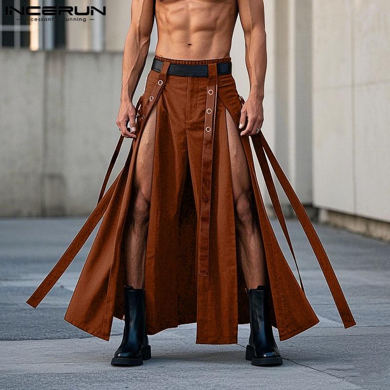 INCERUN Мужские эластичные талии с длинными кисточками, плиссированные, повседневные, разрезы, свободные юбки-килты