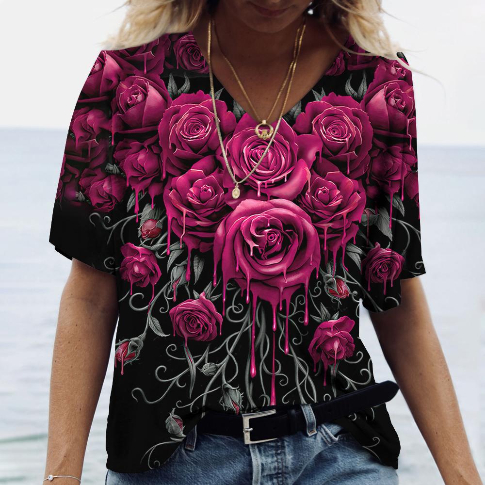 Женские футболки с v-образным вырезом, модные футболки с цветочным рисунком, летние короткие женские топы с принтом, повседневные футболки в стиле Харадзюку 5XL
