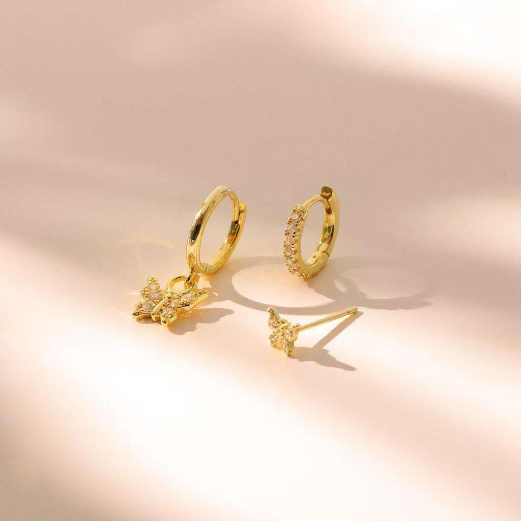 High-End Luxury Copper Zircon Butterfly Stud & Ear Cuff Set for Women