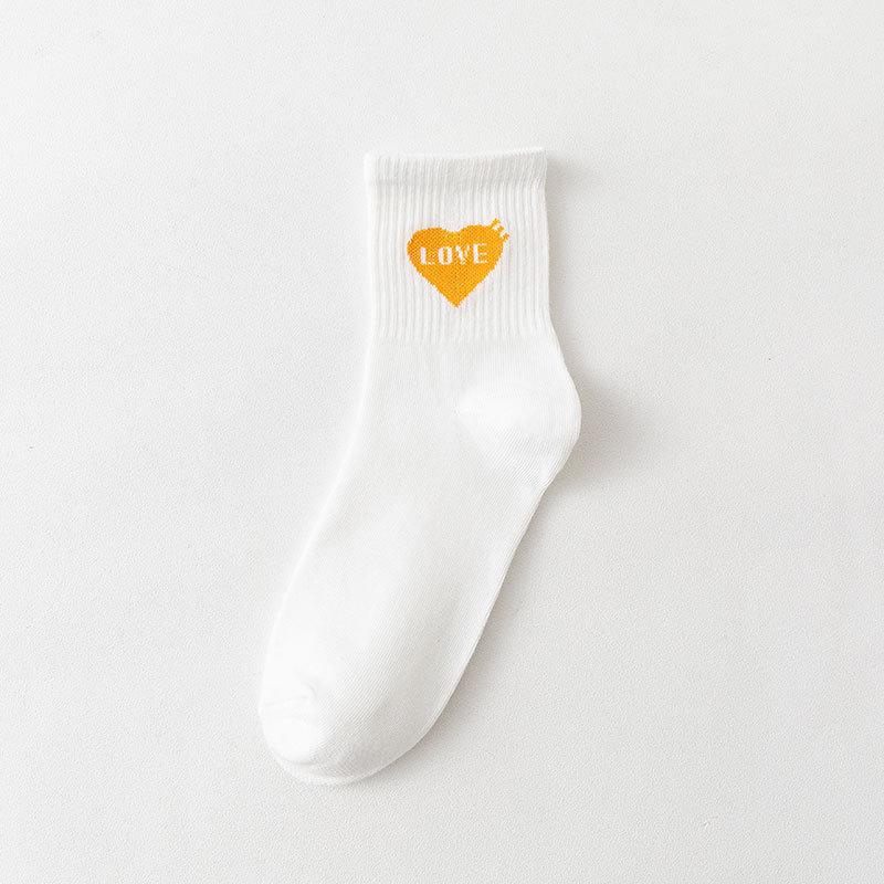Autumn and Winter Women's Socks Mid-calf White Cartoon Student Bear Rainbow Letter Heart Smiling Face Striped Sports