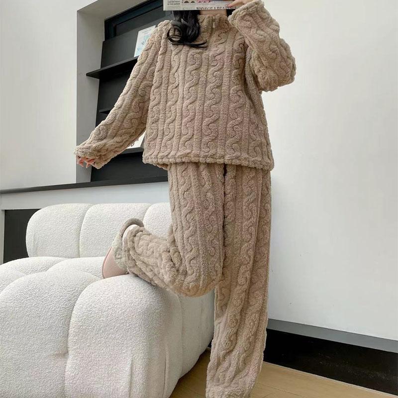 Fall Winter Women's Two Piece Set Thickened Warm Coral Velvet Pajamas Padded Ladies Casual Elastic Striped Comfortable Homewear