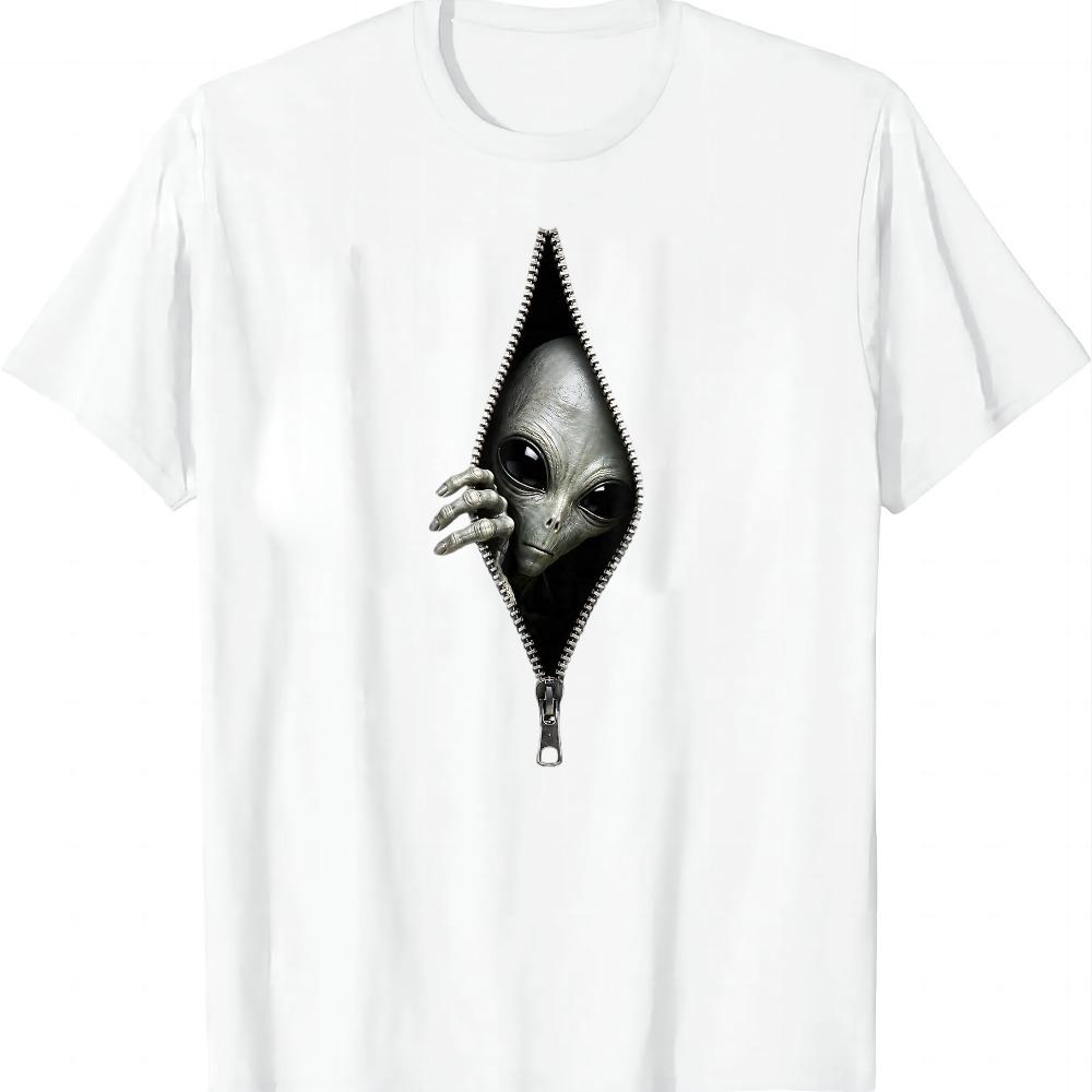 Hidden Alien Face Peeking Through Zipper Optical Illusion 3D T-Shirt Summer Streetwear Tops Camiseta Hombre Unisex