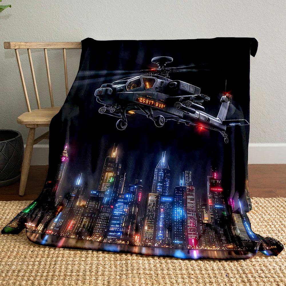 A futuristic helicopter flies over a glowing cityscape at night. for all seasons blanket lunch break throw gift