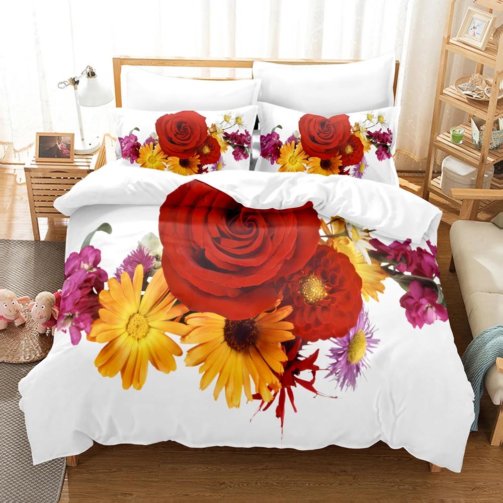 Comforter Rose Flower Bedding Set 4Pcs Pink Red 200X230 For Double Bed 3D Bedsheet 230X230 Full Size Thin Fabric