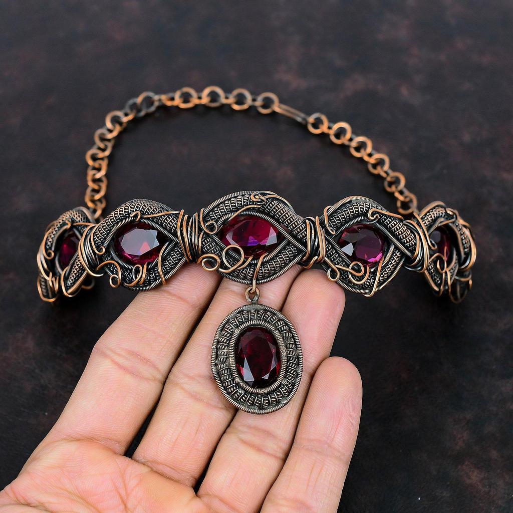 Ожерелье из граненого рубеллита, ожерелье из медной проволоки, регулируемое цепочное ожерелье, ювелирные изделия из меди, ожерелье из драгоценных камней, ювелирные изделия ручной работы для подарка