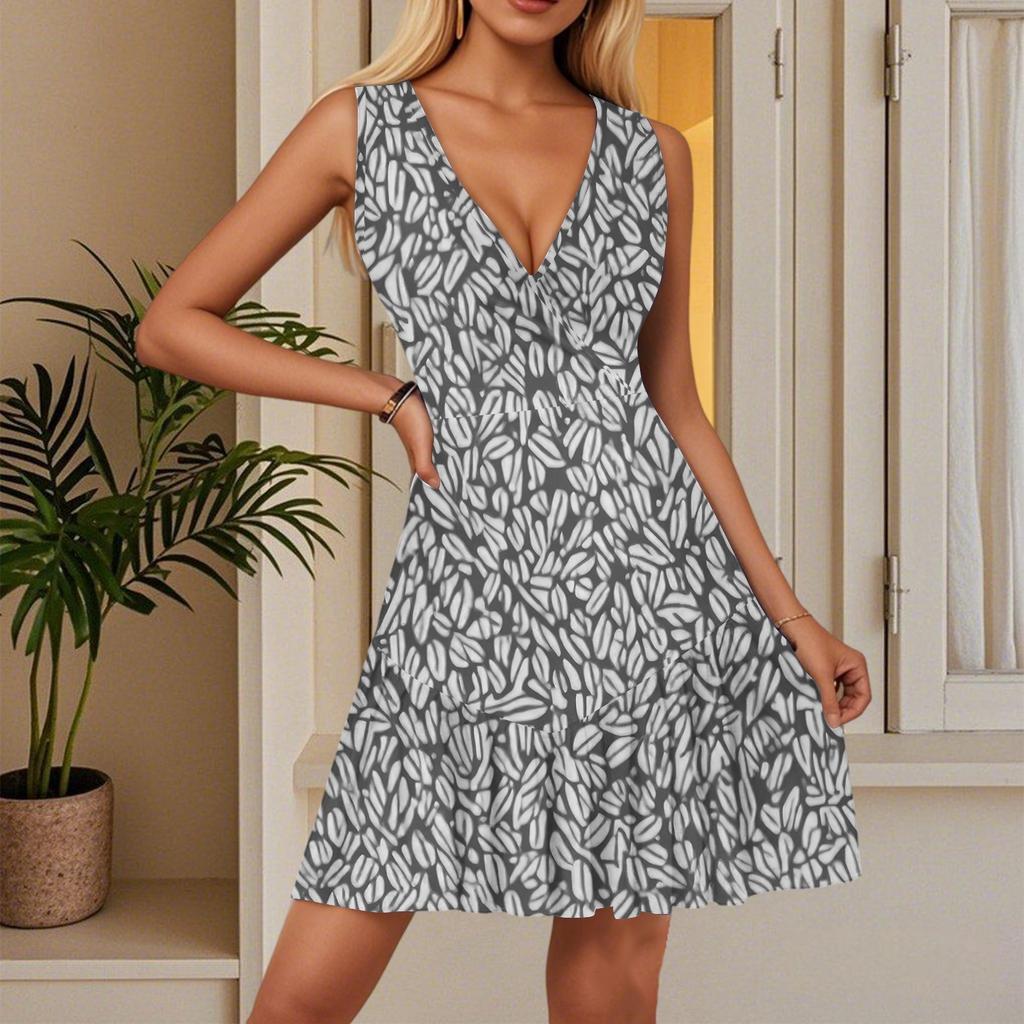 Женское летнее платье с V-образным вырезом, без рукавов, повседневное, с цветочным принтом, с плиссированным подолом