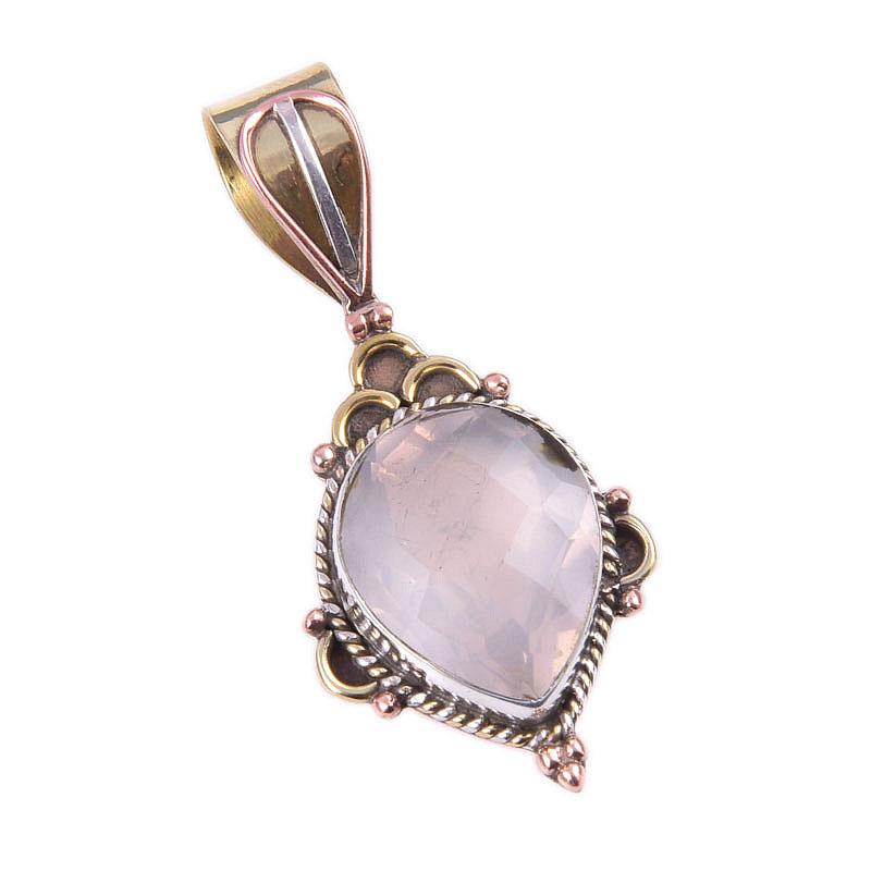 Natural Rose Quartz 925 Solid Sterling Silver Jewelry TwoTone Pendant 1.50" m4f47