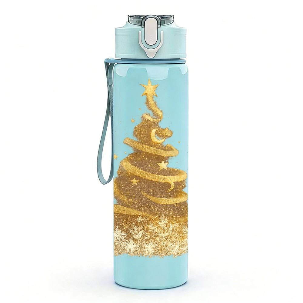 1PC Golden Glitter Christmas Tree Print 750ml Color Plastic Sports Water Bottle Leakproof Flip Straw Lid Suitable for Sports Office Home Use
