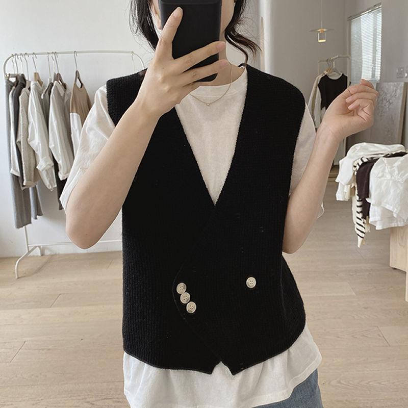 Необычный свитер, жилет, кардиган женский, весенне-осенний, свободного кроя, без рукавов, с нишей, V-образным вырезом, вязаный жилет женский
