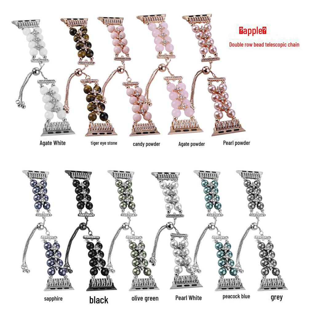 Apple Watch S8 Strap: Pearl Agate with Diamond Detail and Retractable Chain