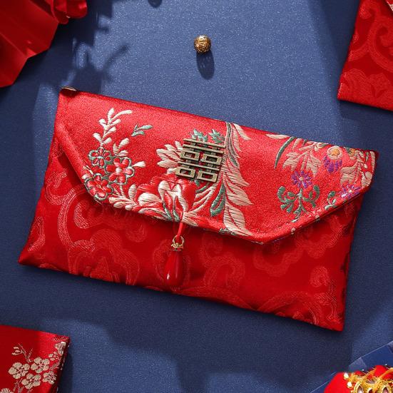 Chinese Red Envelope Embroidered Satin Cash Envelope Lucky Money Envelope Pocket for Wedding Spring Festival Banknotes Gift