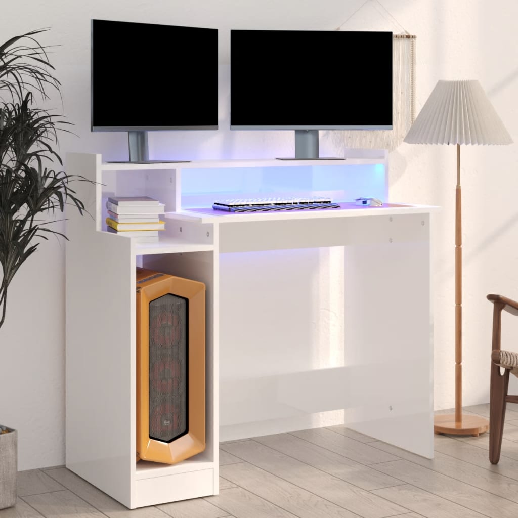 Biurko Z Podświetleniem Led, Białe, Wysoki Połysk, 97X45X90 Cm
