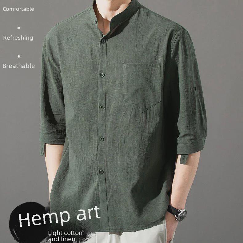 Men's Loose Casual Three-Quarter Sleeve Cotton and Linen Shirt