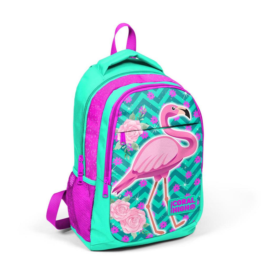 Детский школьный рюкзак с тремя отделениями Coral High Kids Water Green Pink Glittery Flamingo 14382