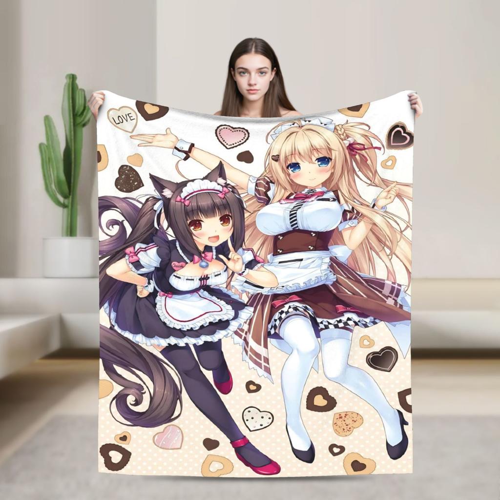 Kawaii Nekopara Anime Catgirls Blankets Fleece  Super Warm Throw Blankets for Outdoor Travel Bedroom Quilt